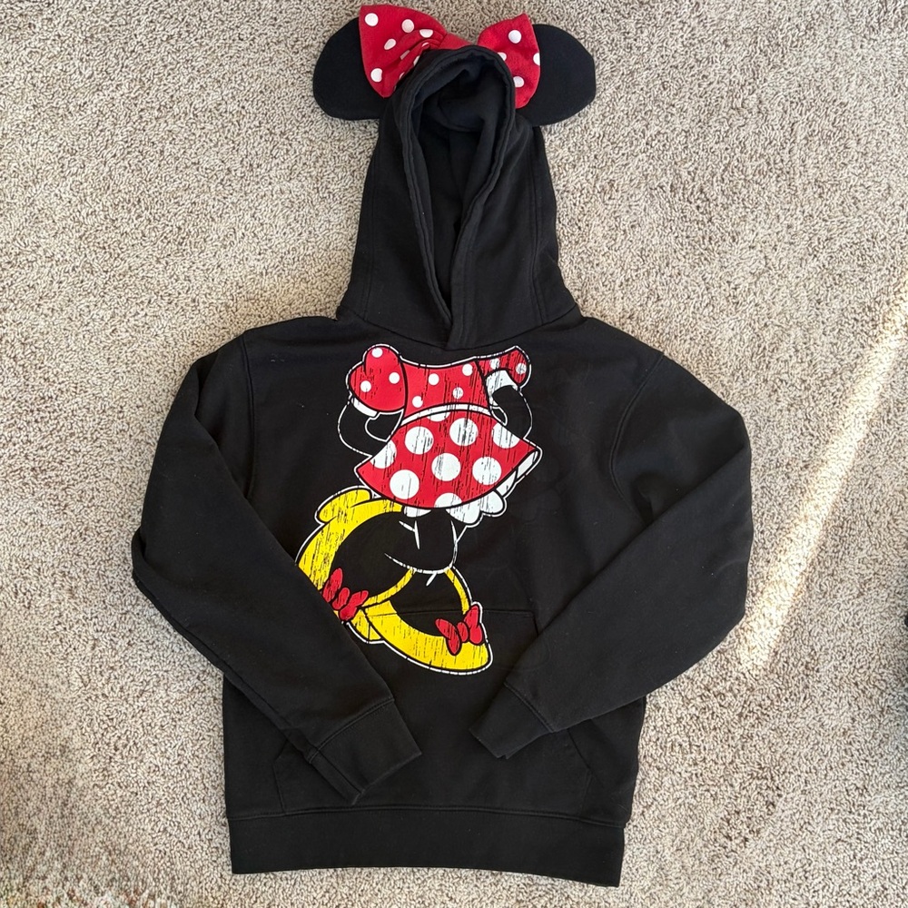 Disney Parks Black Minnie Hoodie with Red Polka Dot Bow Girls Size L